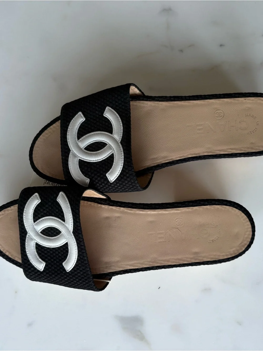 CHANEL Black and White Logo Slide Sandals Size 39.5